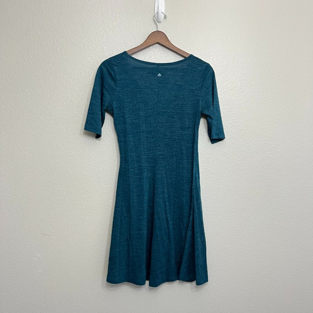 Prana Nadia Faux Wrap Dress Size Small Women's Teal Blue Wool Blend Short Sleeve - Picture 6 of 6